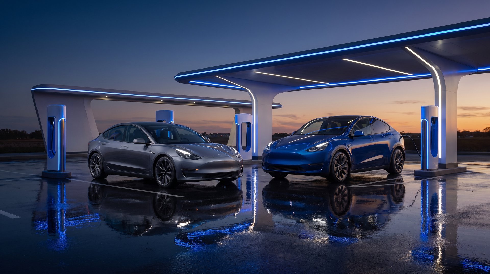 Tesla Model 3 and Model Y charging at a Tesla Supercharger with SCDI
